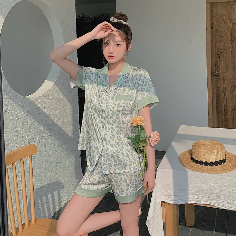 冰丝睡衣女短袖短裤仿真丝绿色豹纹家居服套装