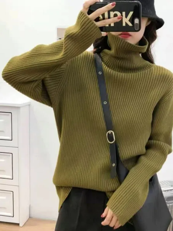 网红厚款套头高领时尚克莱因蓝长款毛衣韩版堆堆领长袖针织百搭