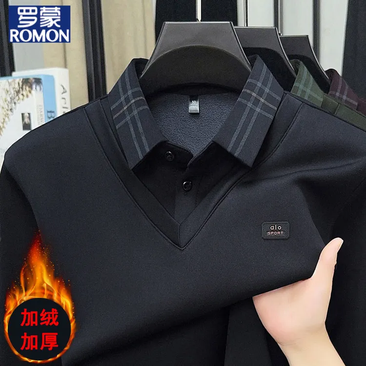 罗蒙秋冬加绒加厚一体绒长袖T恤男士时尚胸标翻领套头打底假两件