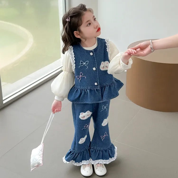 女童套装2025新款春秋装儿童洋气时髦牛仔马甲宝宝秋季衣服三件套