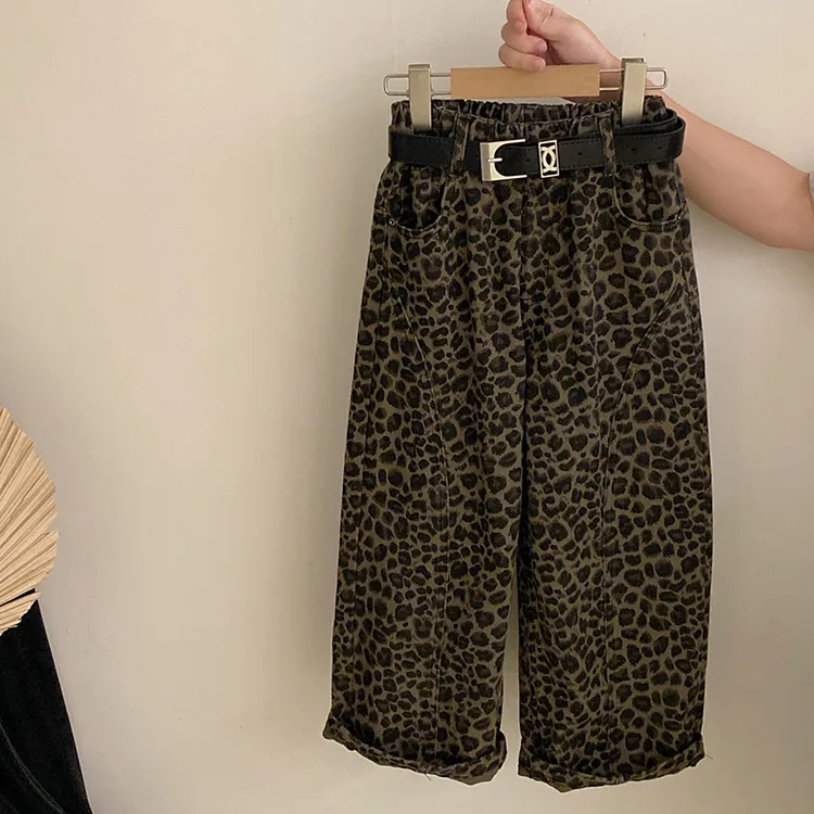 【安安家】女童秋季2025新款豹纹加绒直筒休闲中大童潮流裤子R25534