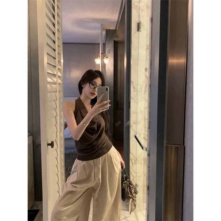 法式扭绳荡领挂脖小吊带背心女夏外穿高级感设计气质露背无袖上衣
