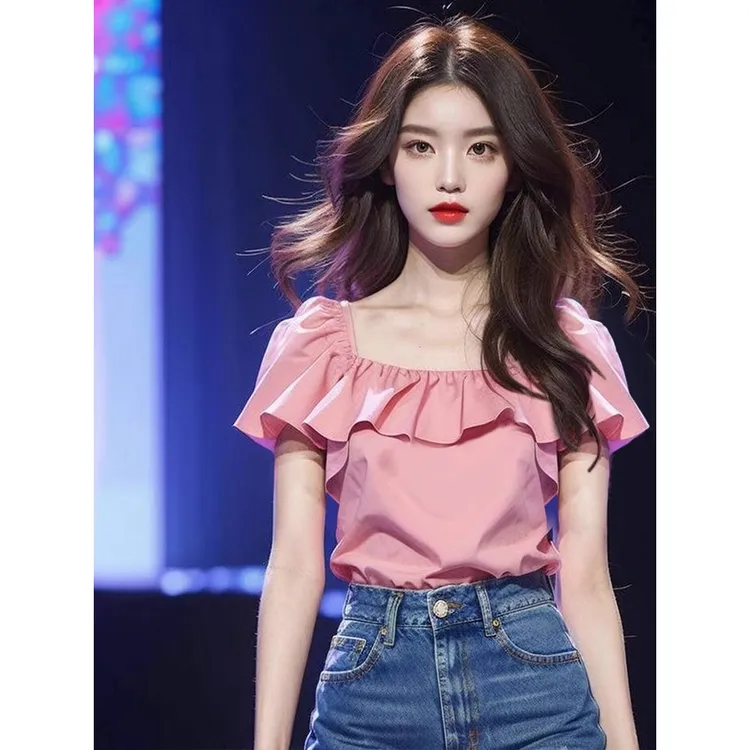 法式设计感上衣女减龄漂亮小衫2025年夏季方领荷叶边粉色短袖衬衫