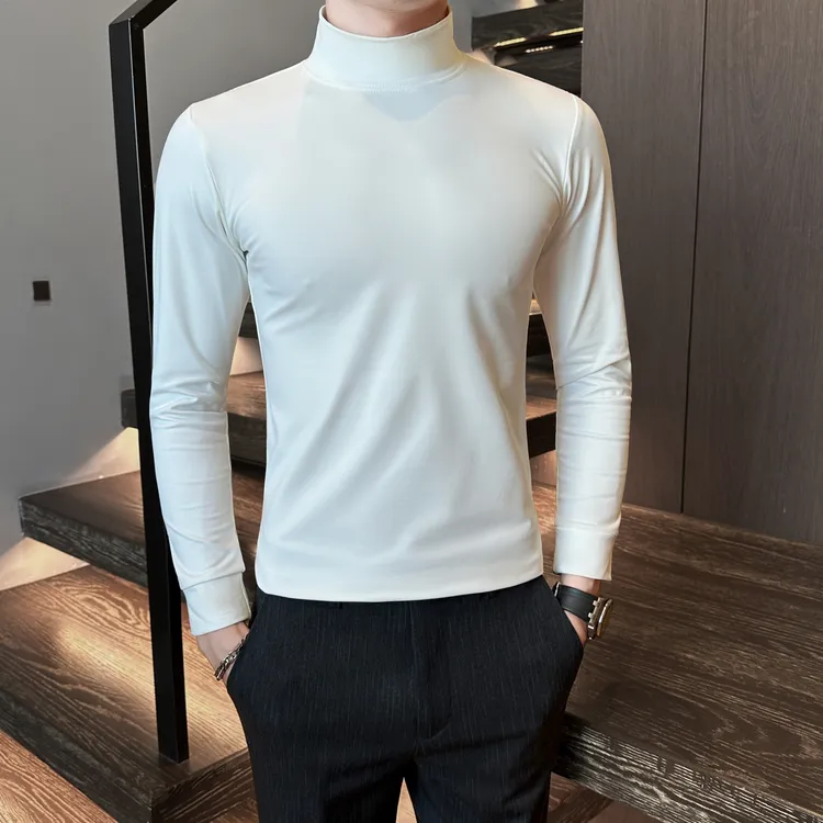 高级感鲨鱼皮半高领打底衫男装秋季新款潮流痞帅纯色中领长袖T恤