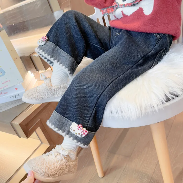 儿童秋季春季女童中腰牛仔裤裤子加厚外穿宝宝卡通加绒宽松韩版
