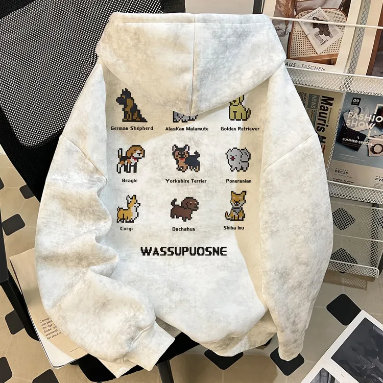 WASSUP UOSNE美式廓形连帽卫衣男秋季vibe玩趣百搭短宽慵懒风帽衫