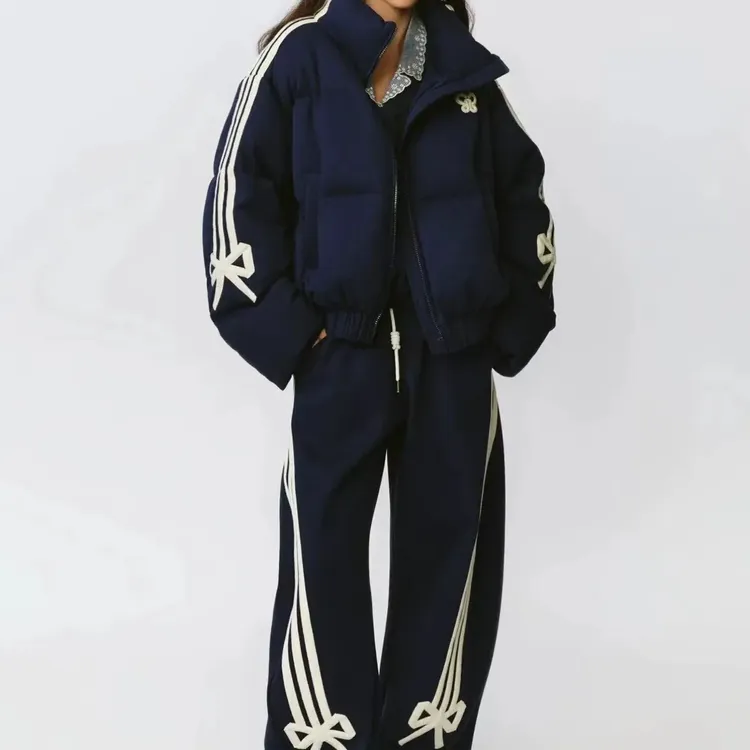立体蝴蝶结休闲学院风减龄棉服外套休闲裤两件套秋冬百搭款