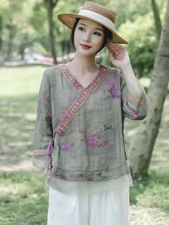 斜襟印花中国宽松中式复古衬衫国风中年女装母亲衣服洋气新款高贵