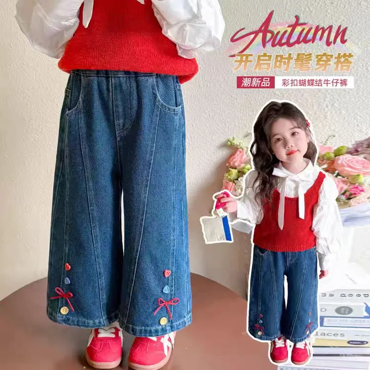 现货Q306女童秋季彩色蝴蝶结扣牛仔裤