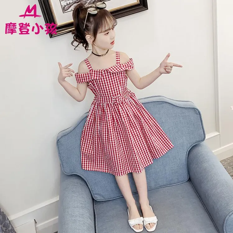 女童连衣裙2024新款夏装中大童纯棉露肩吊带裙洋气格子公主裙子潮