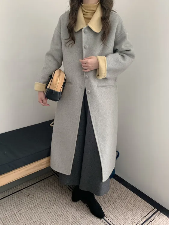 网红炸街时尚女装羊毛大衣学院风娃娃领撞色保暖百搭双面羊毛外套