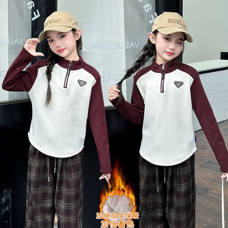 巴拉巴拉男孩女孩女童加绒打底衫秋冬立领半拉链磨毛卫衣女中大童