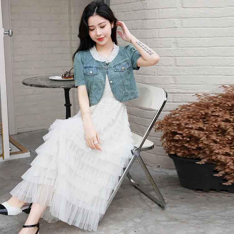 2025夏秋新款时尚套装短袖蕾丝长裙显瘦气质牛仔短外披女小香套装