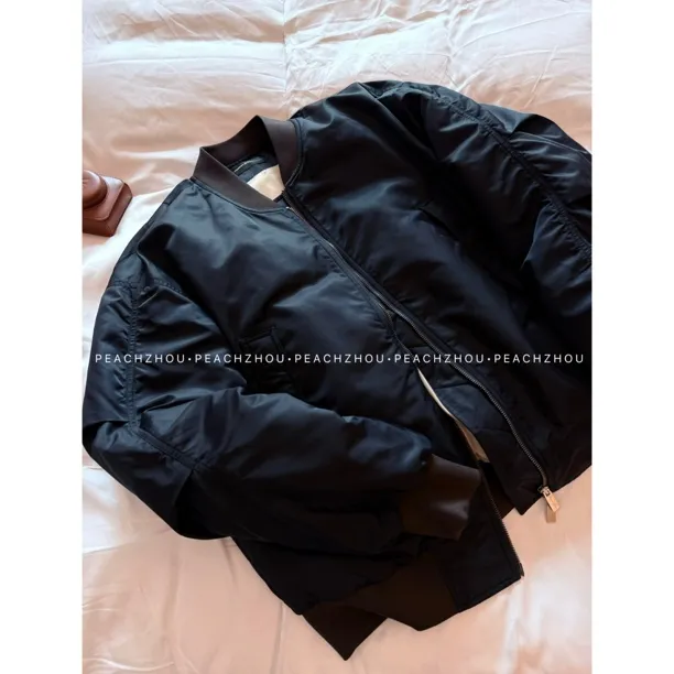 『PEACHZHOU』撞色罗纹三角标宽松棒球领拉链棉服美式休闲夹棉外套