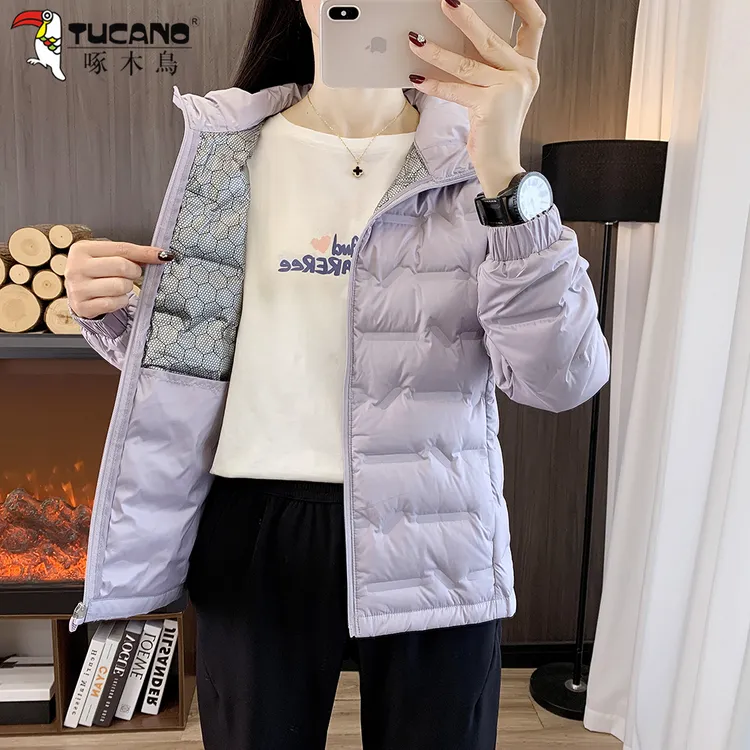 【官方品牌】啄木鳥轻薄鸭绒连帽羽绒服女秋冬2026新款短款保暖外套