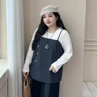 DC8325大码女装【秋日巨好看的两件套】洋气圆领长袖T恤小吊带套装