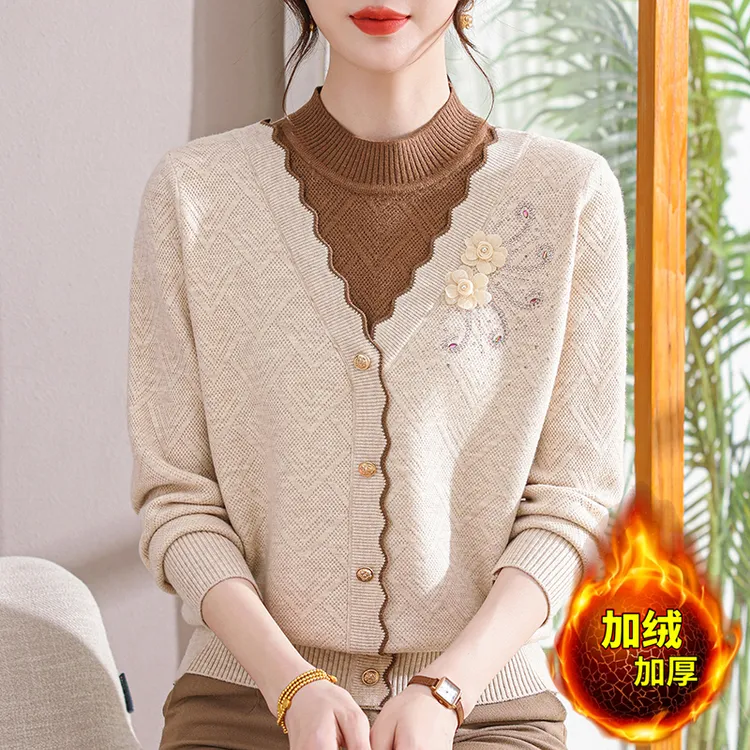 气质妈妈装假两件秋季新款洋气中年女装宽松显瘦长袖毛衣针织衫