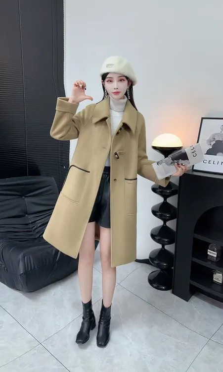 【柜柜同款】高级感牛角扣方领中长款气质大衣外套时尚百搭826