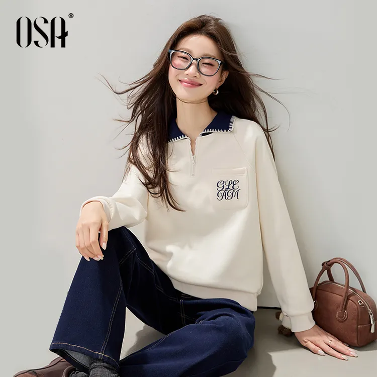 OSA/欧莎 学院风撞色翻领半拉链卫衣松慵懒感内搭上衣S125D32002