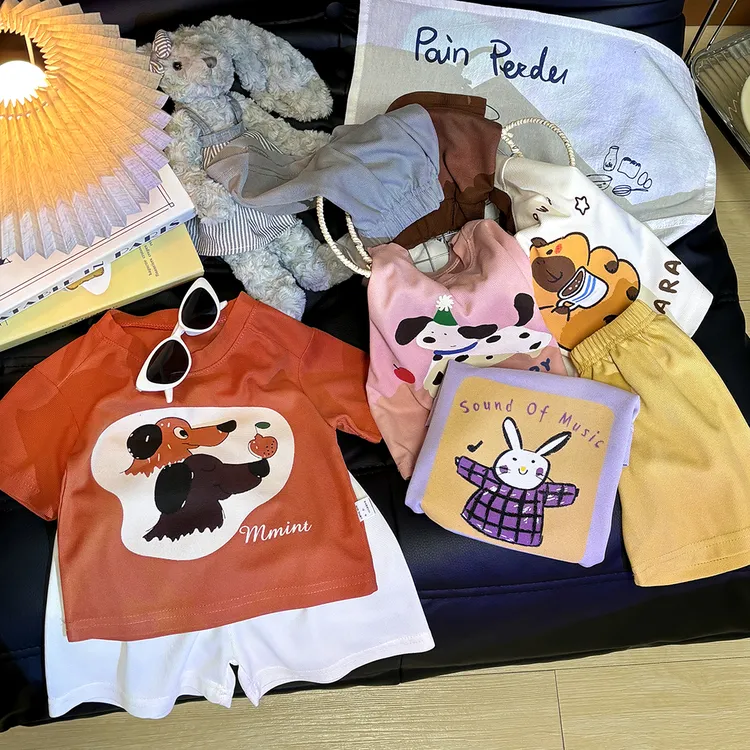 2025新款儿童华夫格短袖套装男童休闲外穿套装女童卡通两件套