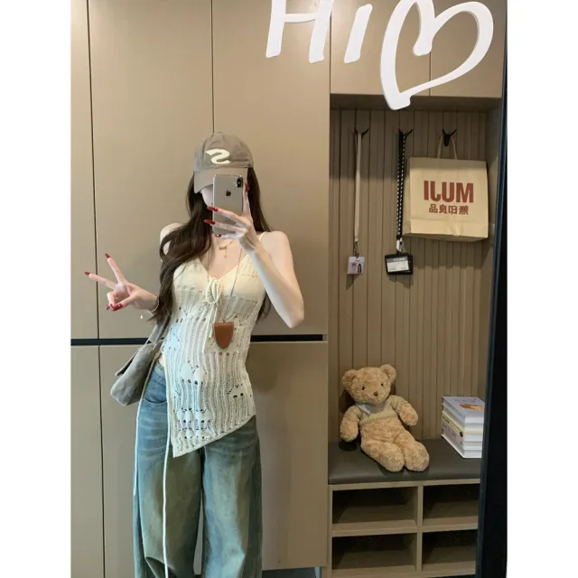 美式废土风勾花性感针织吊带2025夏季新款修身百搭不规则上衣女潮
