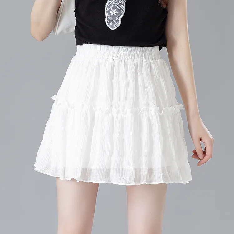 松紧腰木耳边褶皱蛋糕半身裙女2025夏季新款甜美小个子Aa字短裙子