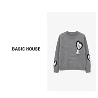 Basic House/百家好长袖针织时尚休闲灰色圆领毛衣-B06245B5292