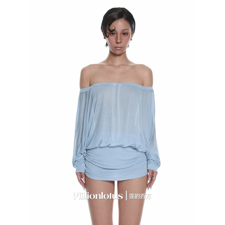 莲的百万 慵懒 一字肩纯欲 浅蓝色连衣裙夏日清凉