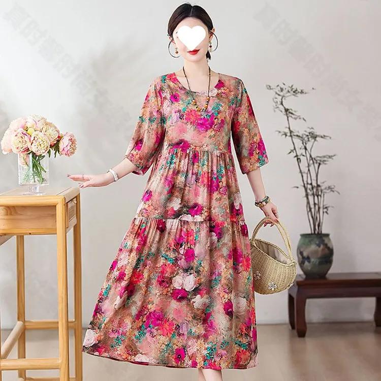 夏季大码露肩连衣裙妈妈装显瘦中老年时尚中年中长款修身复古过膝