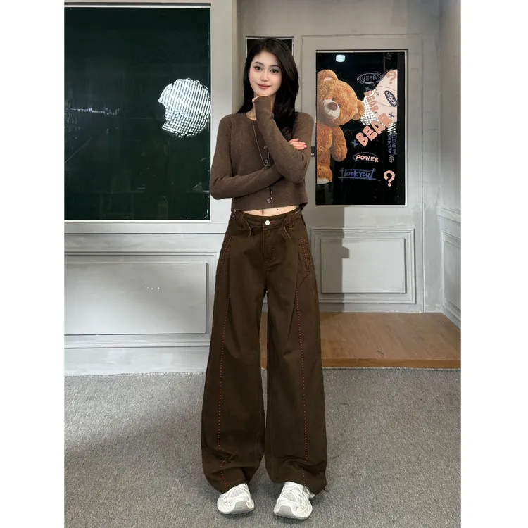 SOOM秋季新款高腰女2025设计感宽松显瘦韩版美式休闲弯刀裤牛仔裤
