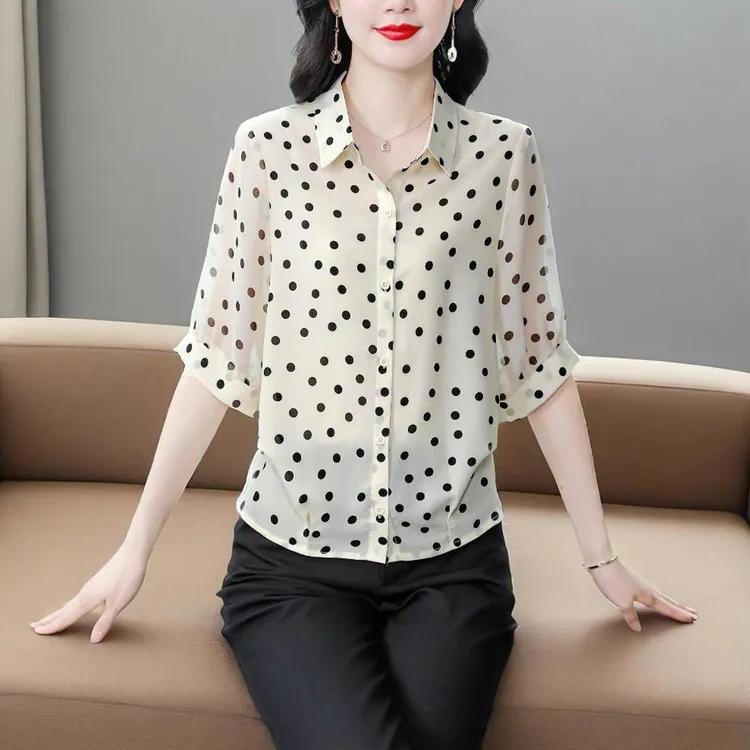 时尚波点短袖雪纺衬衫女夏季新款洋气减龄宽松遮肉显瘦妈妈上衣