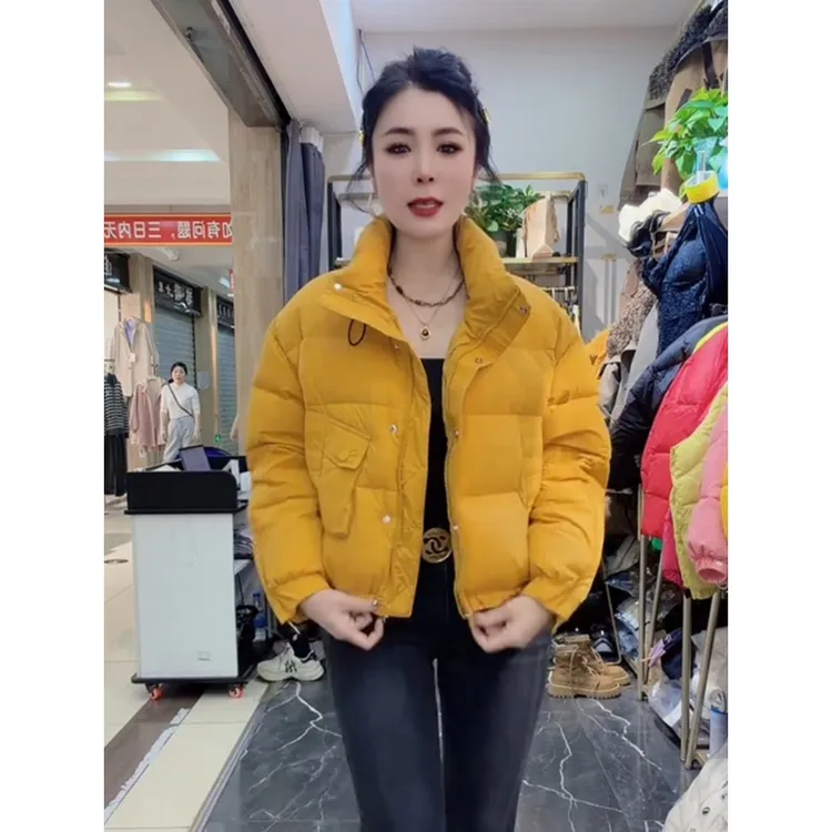 简约时尚立领黄色棉服女冬季新款欧洲站欧货高品质宽松休闲外套潮