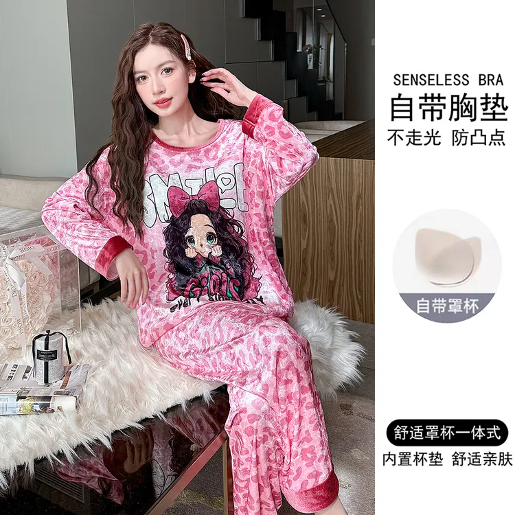 带胸垫2025年新款金丝绒睡衣女春秋季长袖可爱卡通秋冬家居服套装