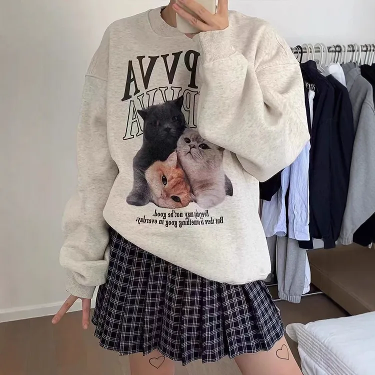 圆领卫衣女慵懒风秋冬季新款百搭洋气打底衫休闲宽松加绒加厚女