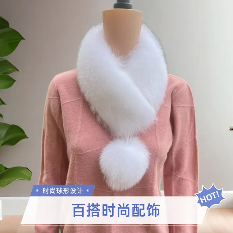 韩版狐狸毛真毛网红围脖毛毛领围巾女常规针织厚款双面保暖白搭