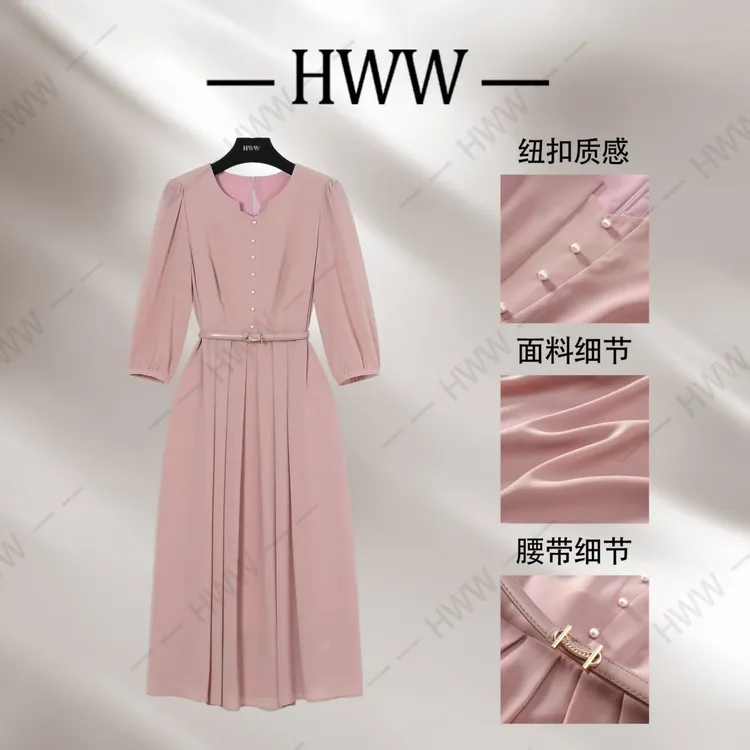 【赫尔温】设计款牡丹粉时尚收腰显瘦连衣裙DHZFF50693