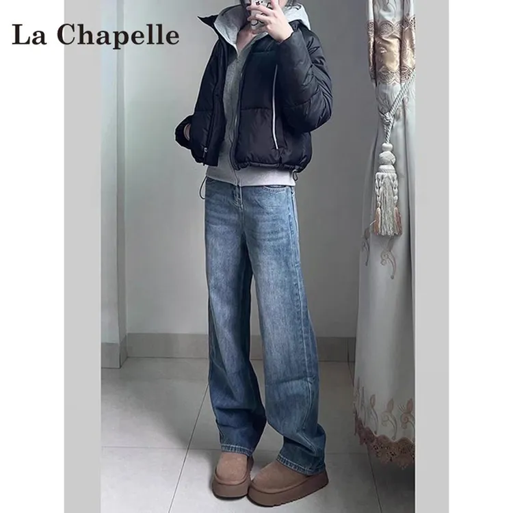 拉夏贝尔复古蓝窄版加绒牛仔裤女2025纯欲慵懒风网红洋气炸街女装