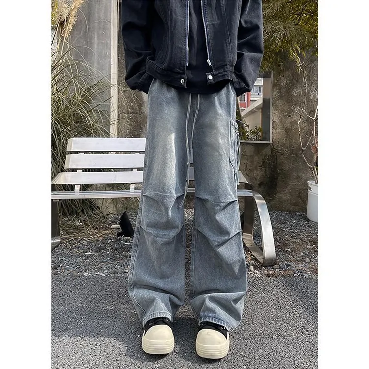 复古褶皱大口袋牛仔裤男士直筒水洗高街cleanfit宽松拖地休闲长裤