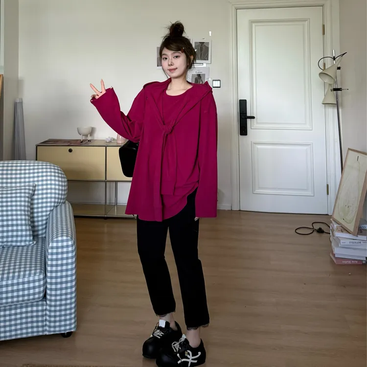 晶咕软软【慵懒韩女】韩系慵懒风设计感小众假两件披肩连帽T恤
