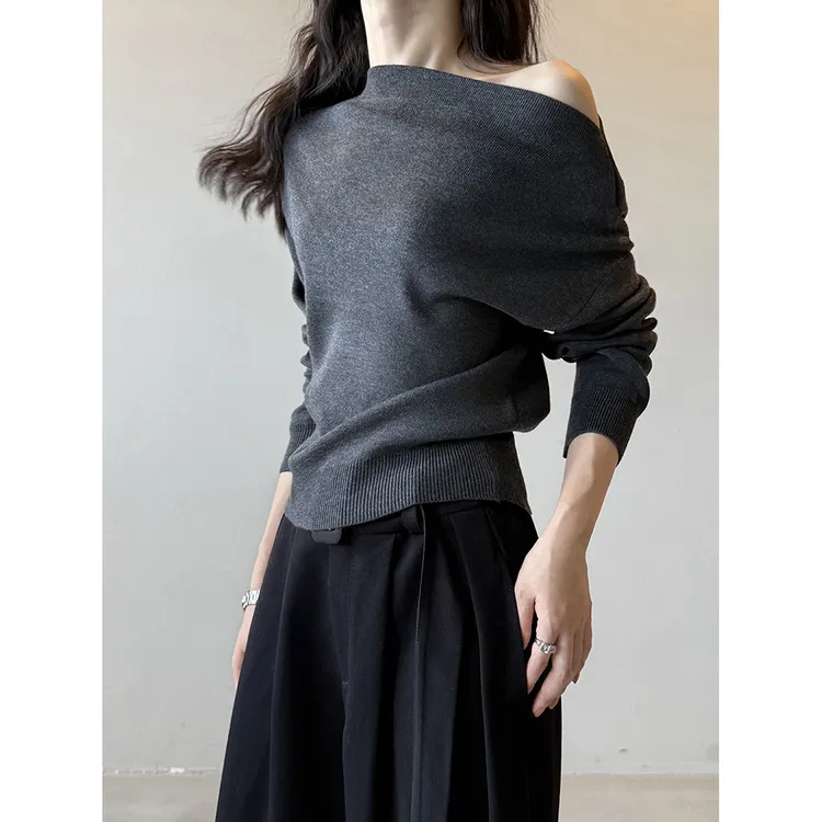 绱品 韩系条纹气质一字肩针织衫女 秋季高级感宽松显瘦打底衫P529