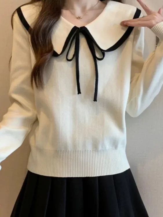 9087长袖学院风娃娃领蝴蝶蝴蝶结女毛针织衫秋女装减