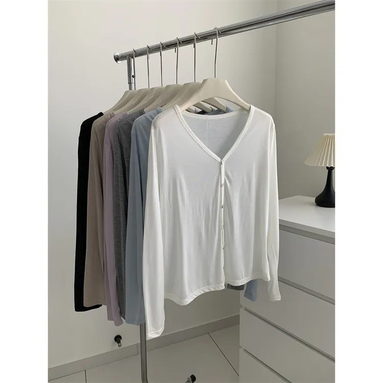 春夏温柔百搭显瘦V领莱赛尔飘逸感天丝羊毛防晒开衫女长袖空调衫