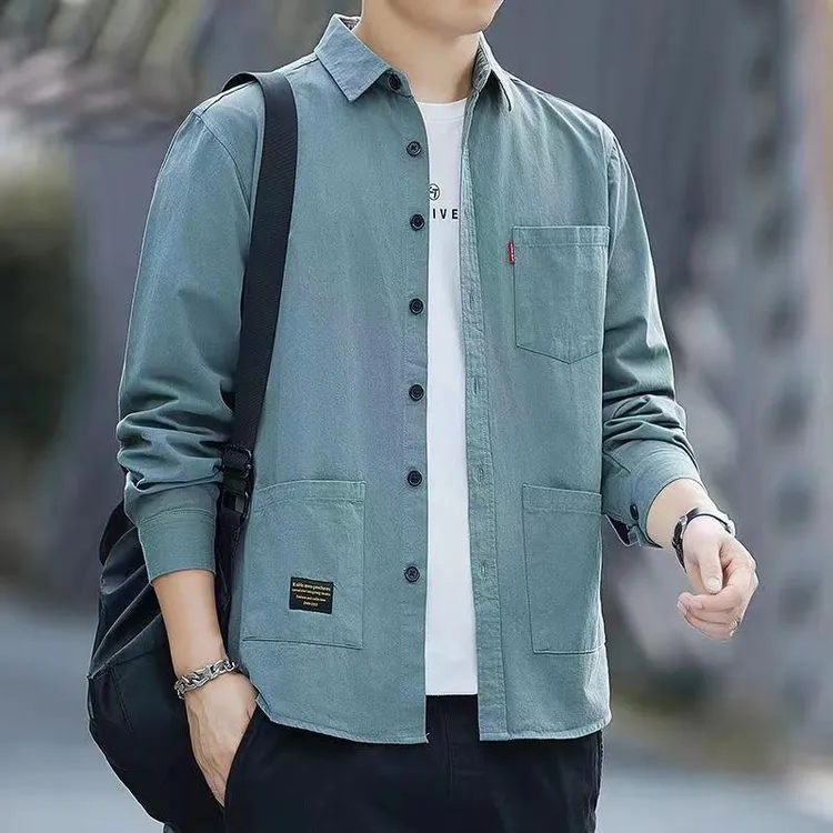 【两件装】纯棉工装长袖衬衫男士春秋季港风休闲 全棉衬衫男装外
