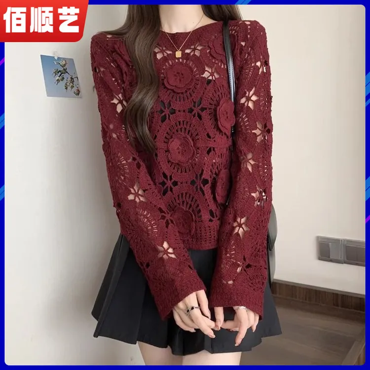l2025小香风立体花朵镂空衫女春秋款洋气外搭勾花罩衫长袖短款lll