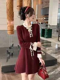 美美推荐8830春新款法式气质收腰A字短款连衣裙
