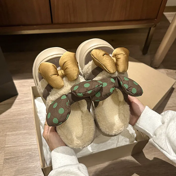 棉拖鞋女款冬季外穿可爱女孩蝴蝶结家居室内防滑加绒毛毛保暖拖鞋