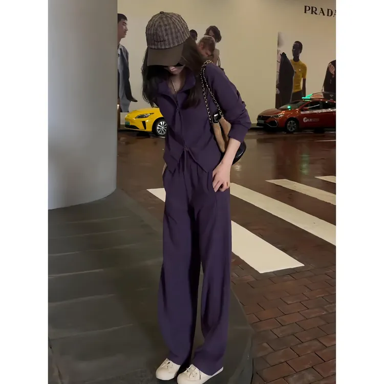 秋季高级感紫色休闲运动套装女时尚减龄洋气长袖上衣阔腿裤两件套