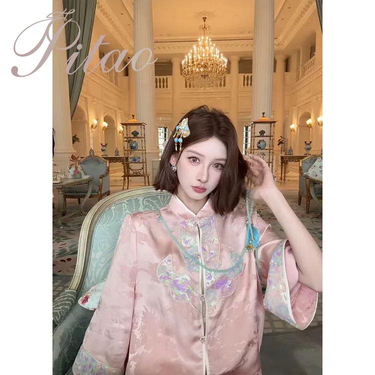 杜屁屁桃PITAO原创【粉黛】时尚夏季新款中国风重工刺绣上衣半身裙