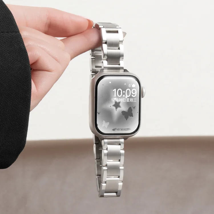 适用iwatch11苹果S10手表表带applewatchS9亮面8小三珠钢带SE夏天