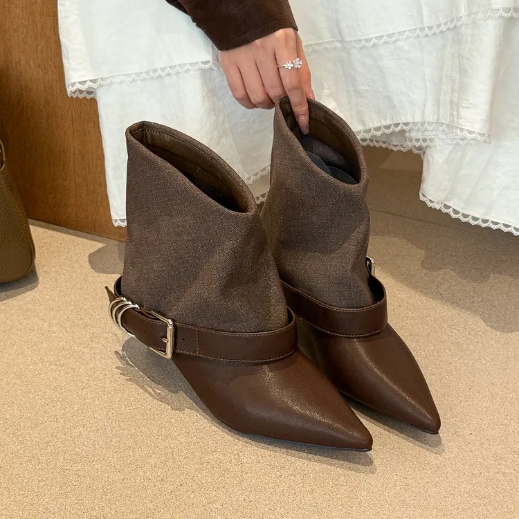 elingstudio 复古时髦！棕色尖头拼色裤管短靴女低跟2025年新款靴